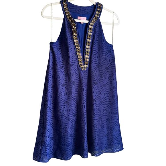 Lilly Pulitzer Achelle Dress In True Blue Mystical Knotty Lace Brass Sea Shells - Picture 2 of 9